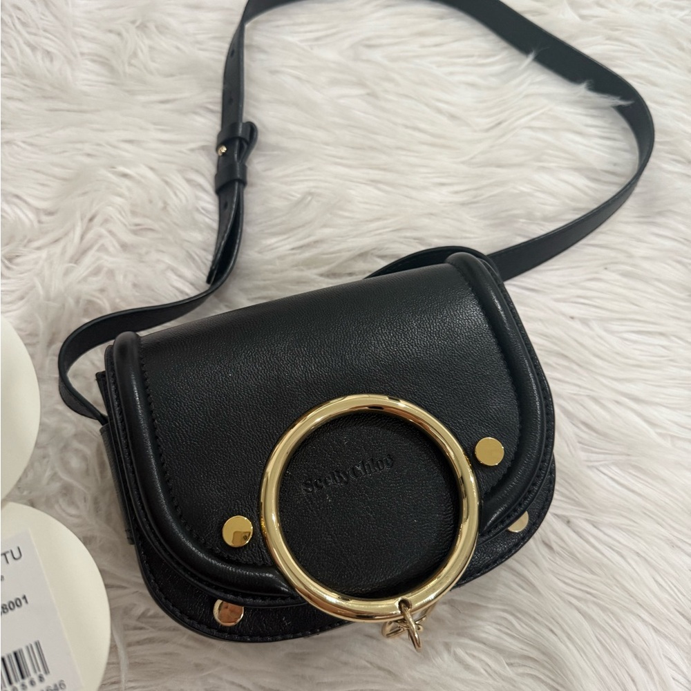 See By Chloe Black Crossbody Bag with Gold Ring Accent